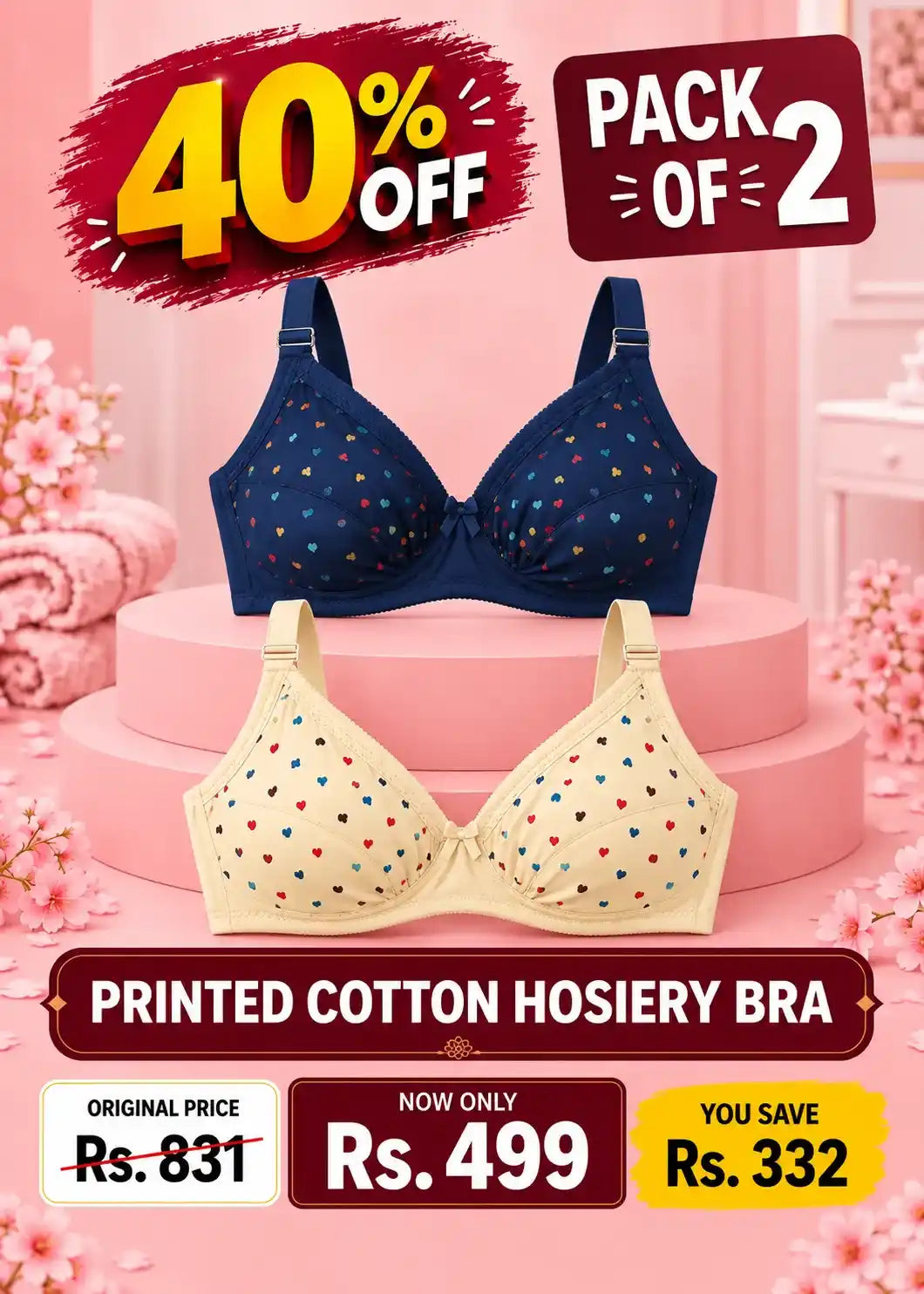 Printed Cotton Hosiery Bra Pack of 2 Navy blue and Yellow