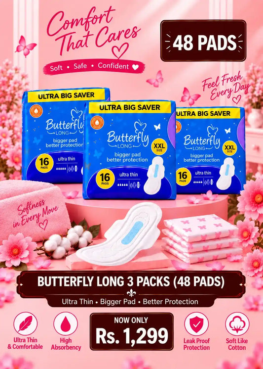 Butterfly Long XXL Sanitary Pads – 3 Packs | 48 Pads | Ultra Thin & High Absorbency