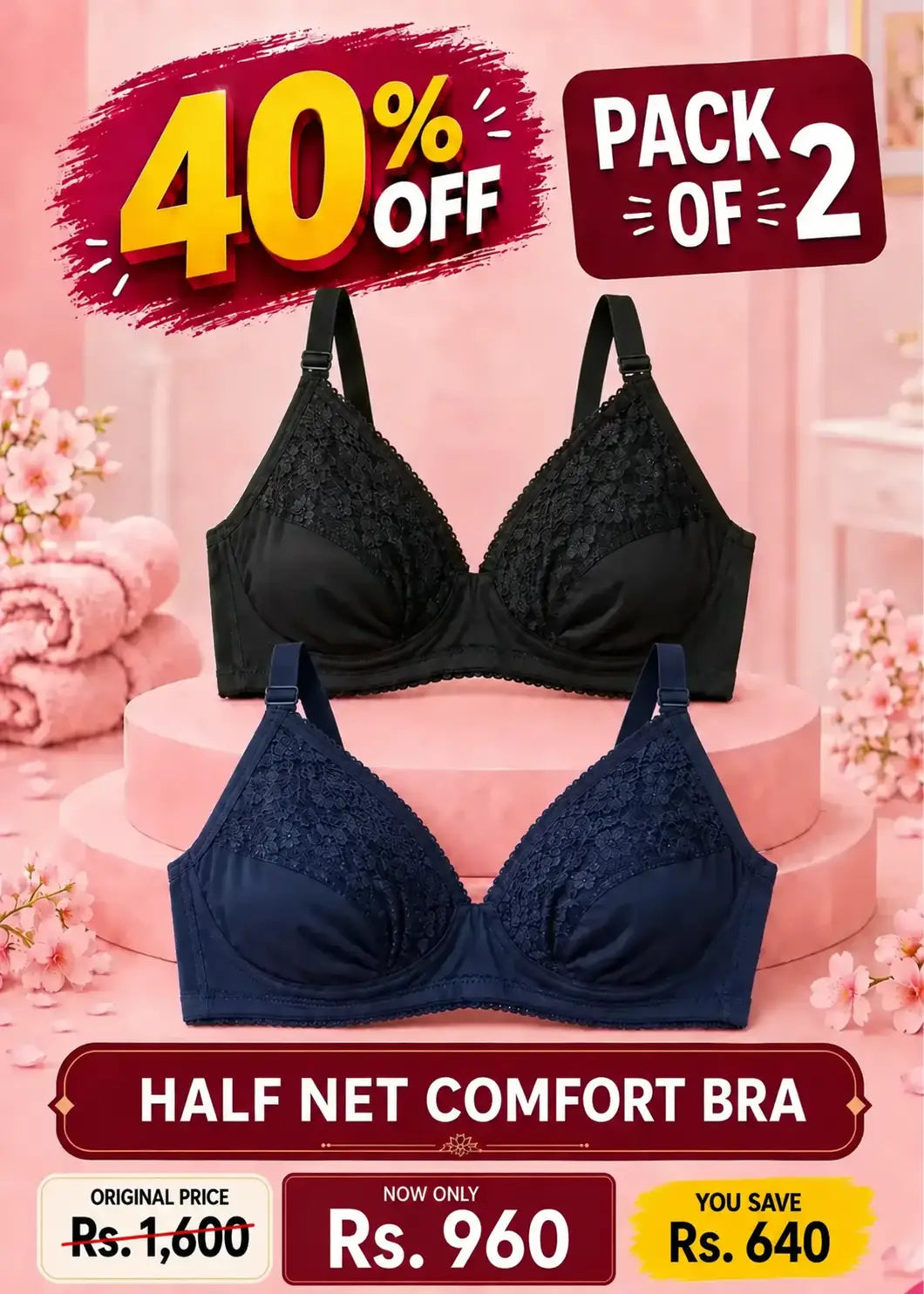 Half Net Comfort Bra Pack of 2 |  Navy Blue and Black