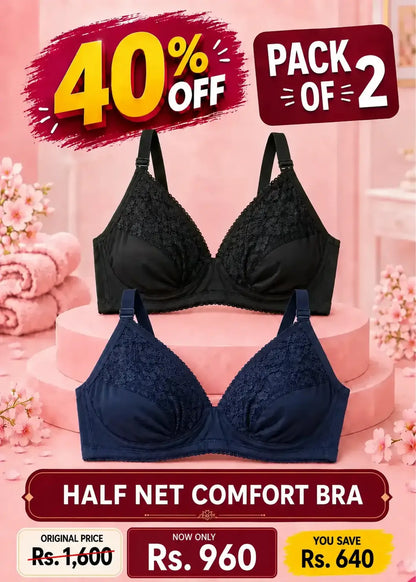 Half Net Comfort Bra Pack of 2 |  Navy Blue and Black