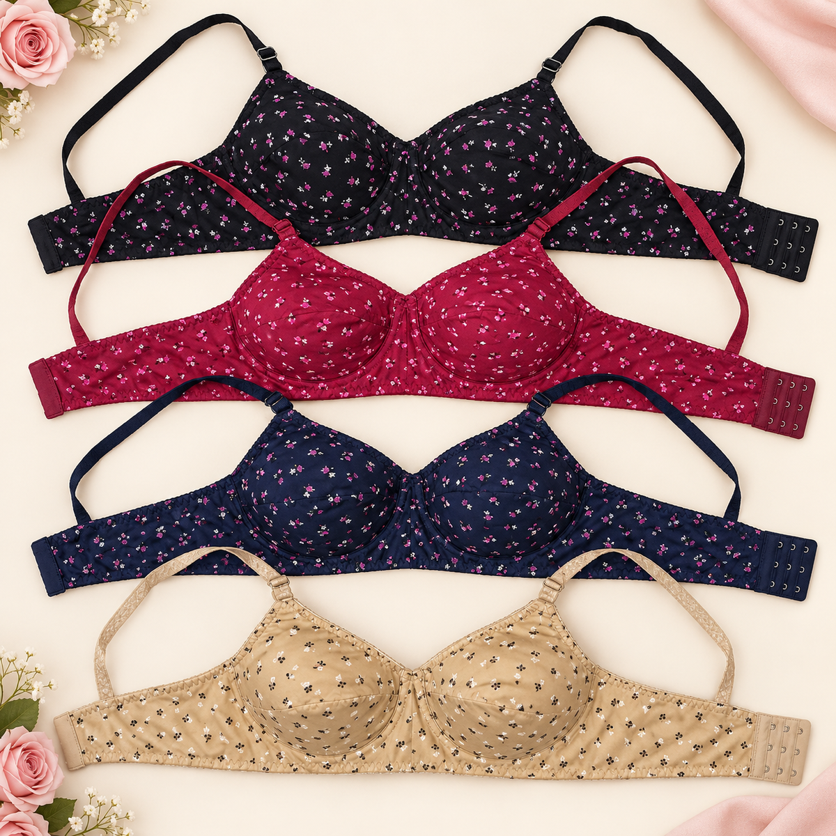 RoseNest Floral Print Hosiery Foam Bra for Women – Pack of 4