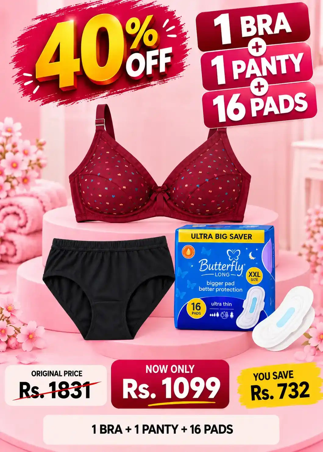 Comfort and Care Bra + Panty + 16 Pads Bundle