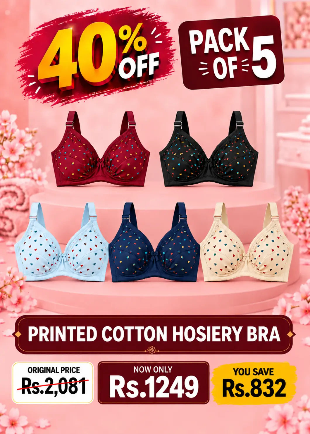 Printed Cotton Hosiery Bra Pack of 5