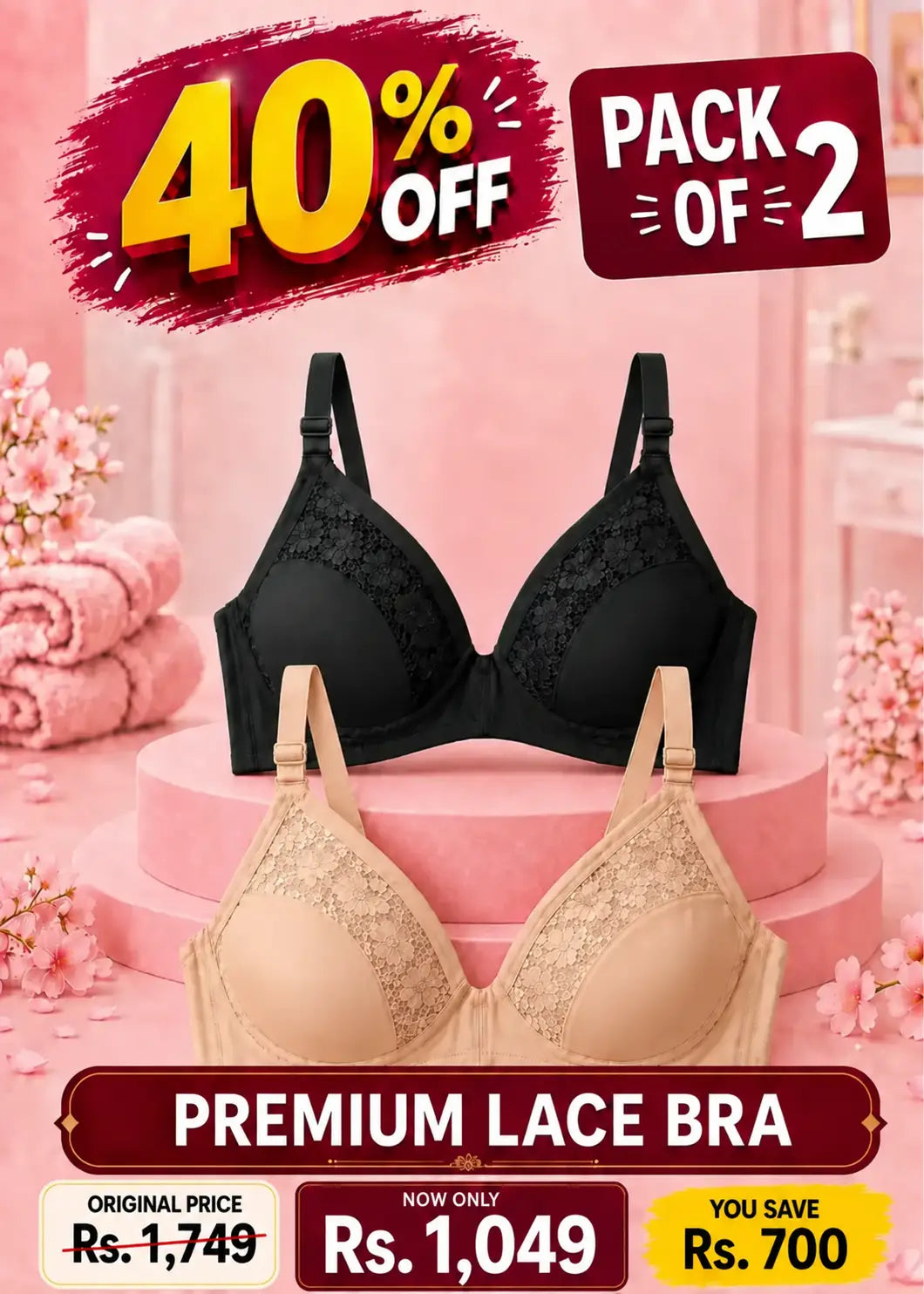 Black and Nude Premium Lace Bra Pack of 2