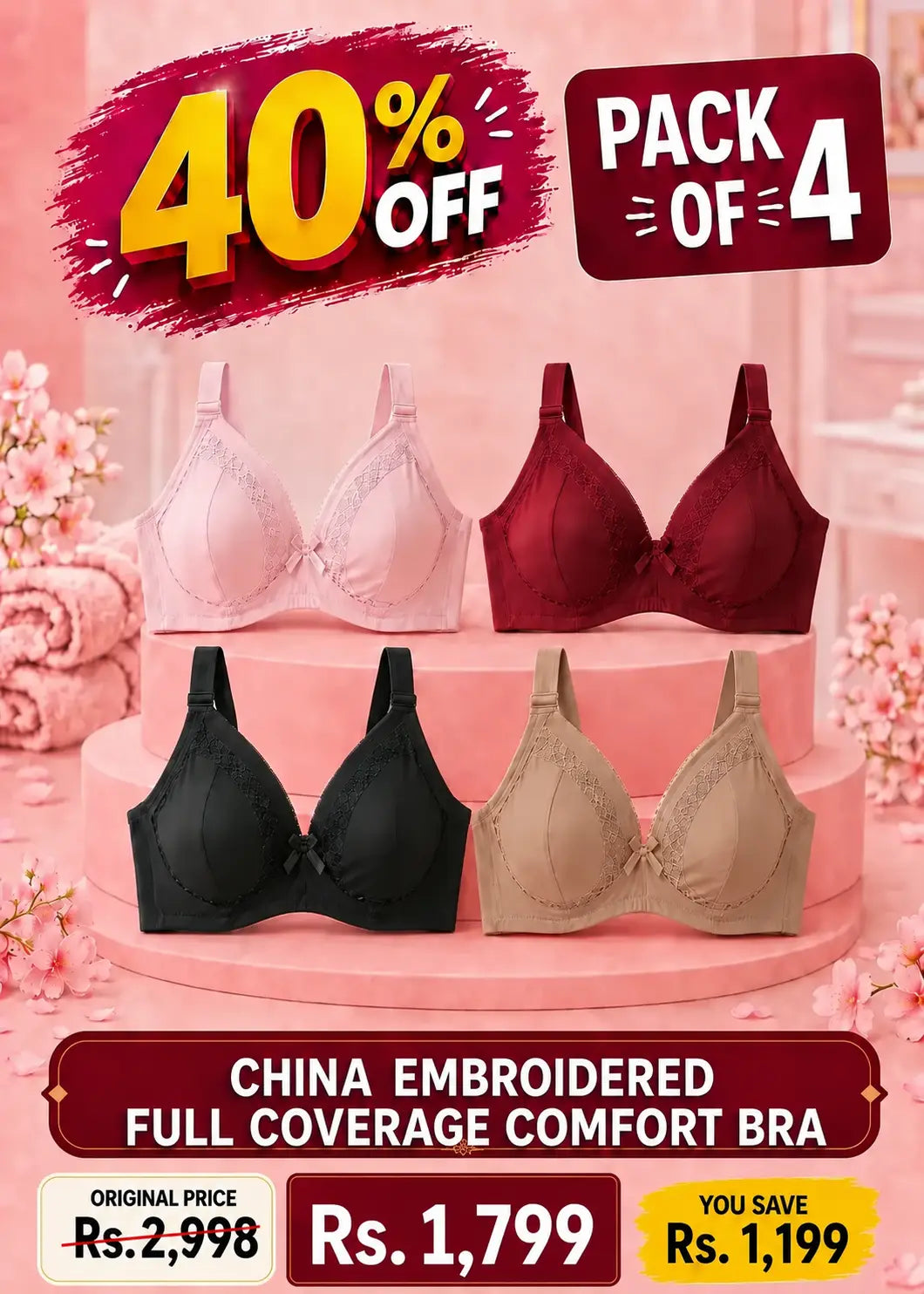 China Embroidered Full Coverage Bra Pack of 4