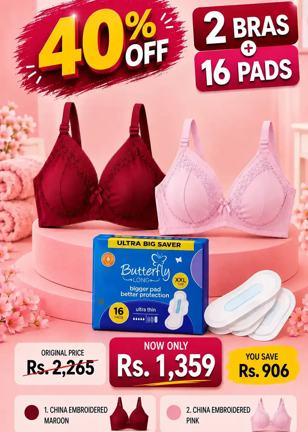 2 Bras + 16 Pads Bundle China Embroidered (Maroon & Pink)
