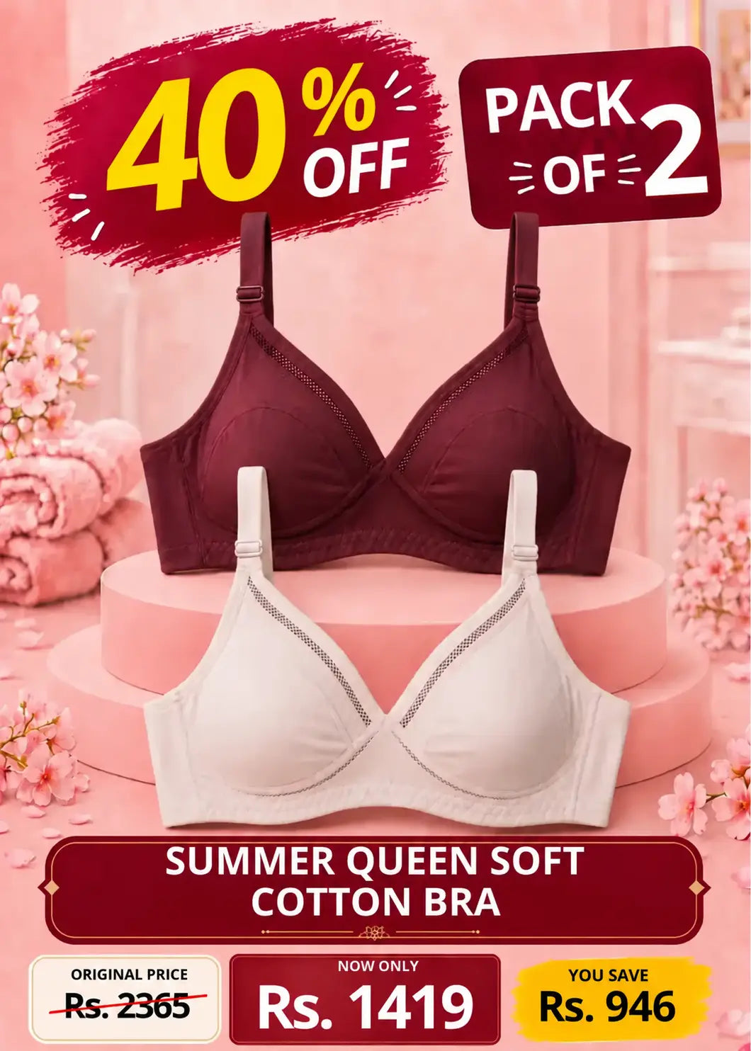 Summer Queen Soft Cotton Bra Pack of 2 Maroon and Pink