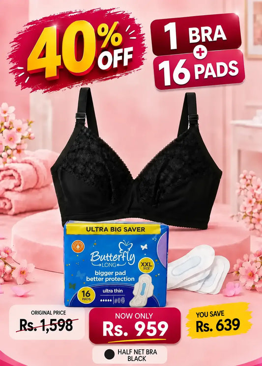 Half Net Bra in Black + 16 Butterfly Long Pads