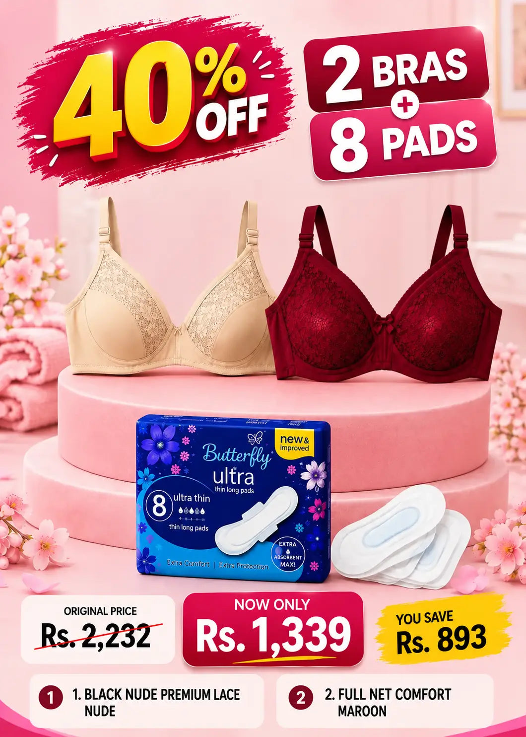 Comfort & Care Bundle Black Nude Lace Bra + Maroon Full Net Bra + Butterfly 8 Pads