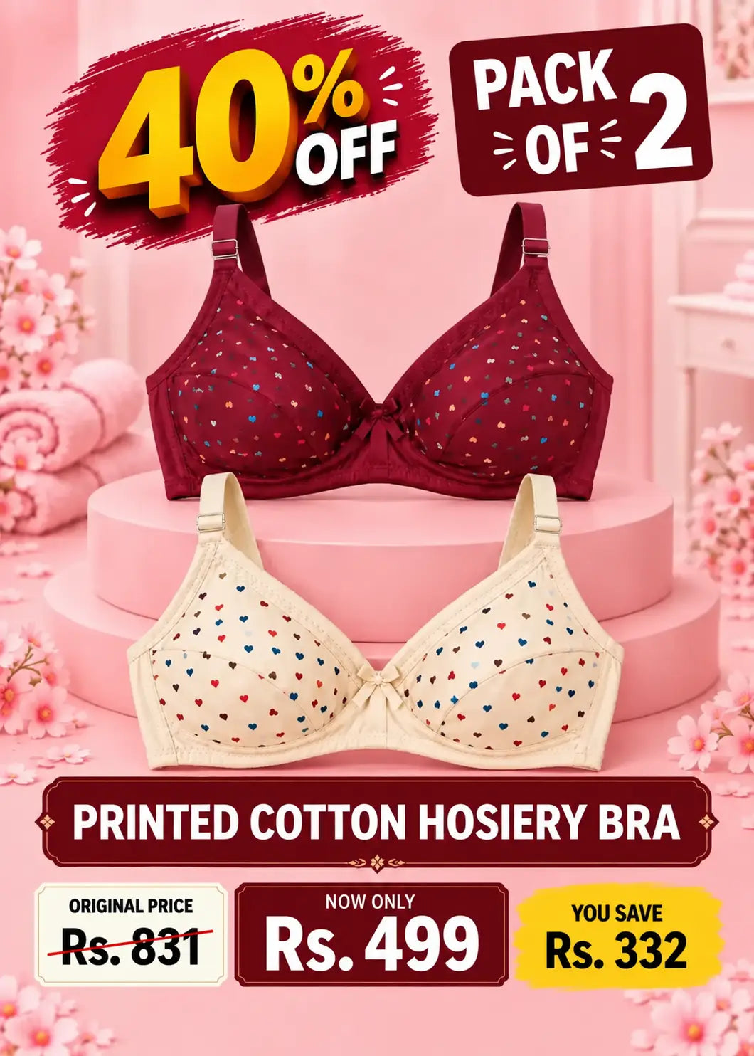 Printed Cotton Hosiery Bra Pack of 2  Maroon and Yellow