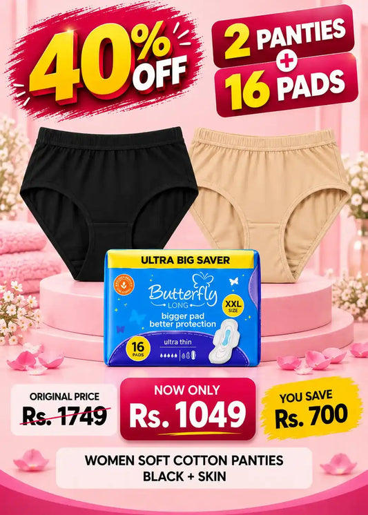 Women Soft Cotton Panties Black + Skin + 16 Butterfly Pads Bundle