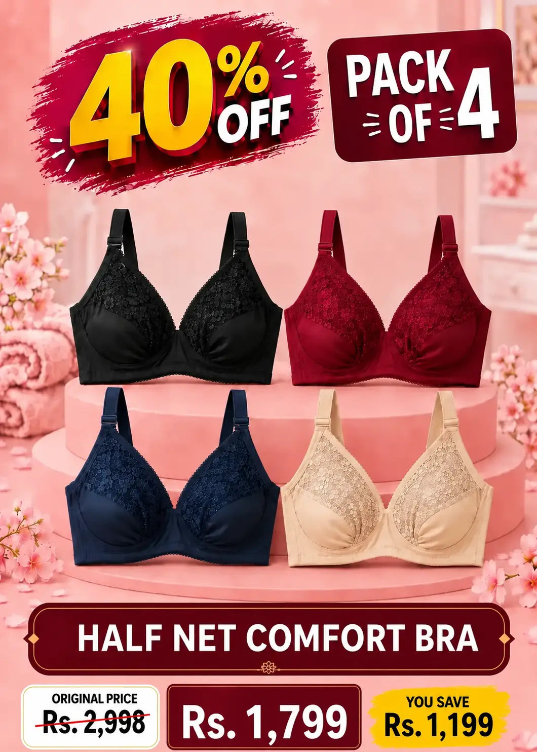 Half Net Comfort Bra Pack of 4 | Black, Navy, Maroon & Skin