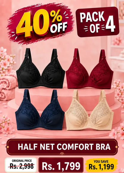 Half Net Comfort Bra Pack of 4 | Black, Navy, Maroon & Skin
