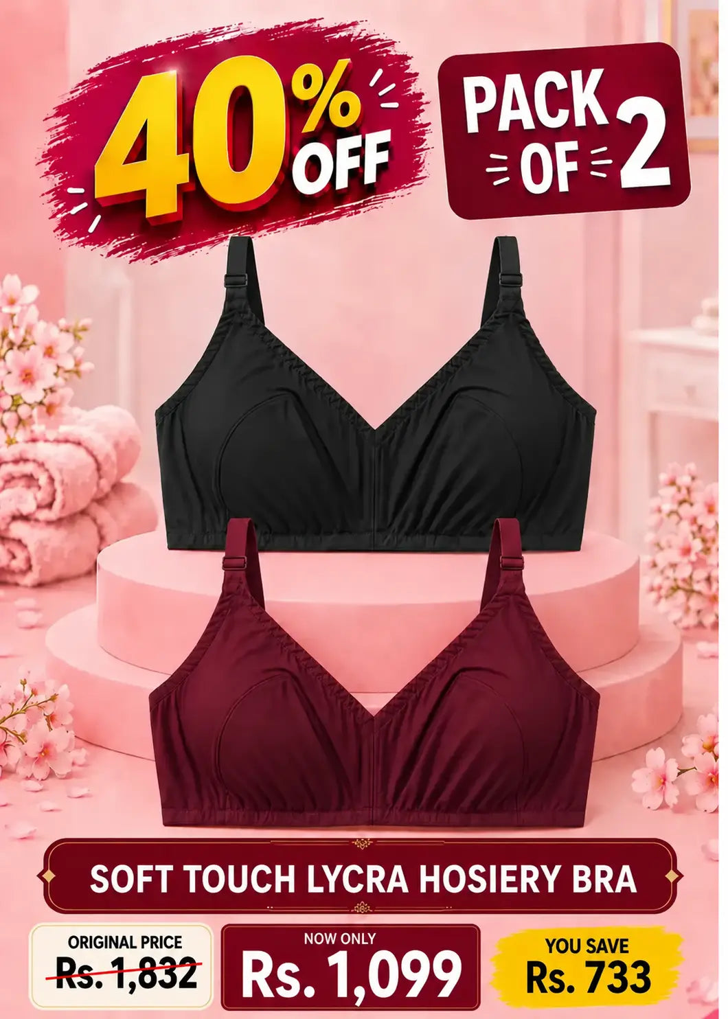 Soft Touch Lycra Hosiery Bra Pack of 2 Maroon and Black