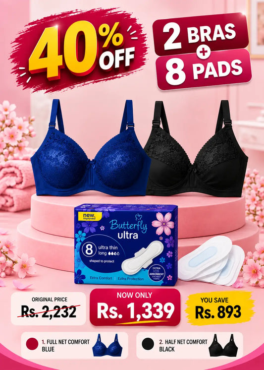 Comfort & Care Bundle Blue Full Net Bra + Black Half Net Bra + Butterfly 8 Pads