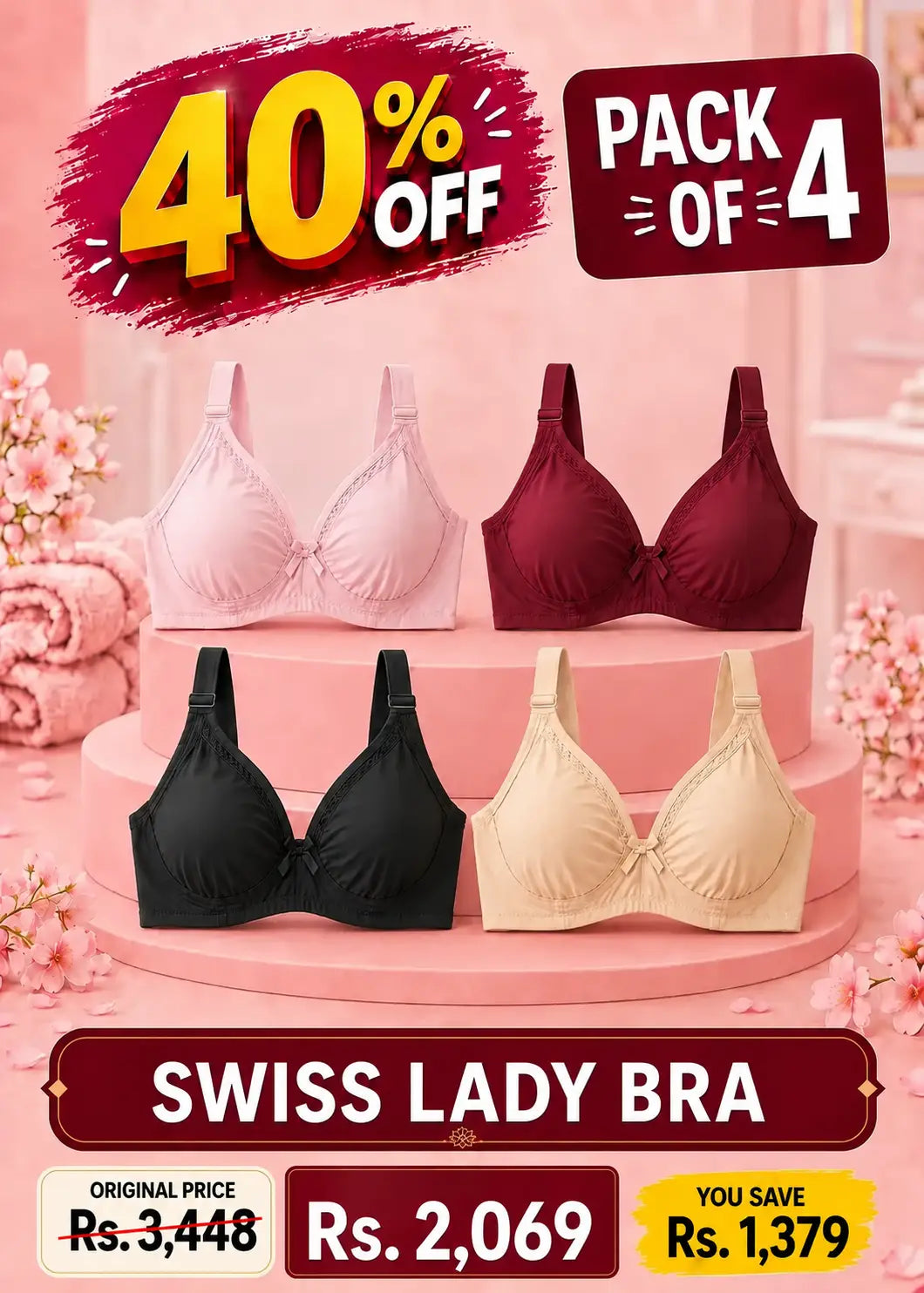 Swiss Lady Bra Pack of 4 Black, Pink, Maroon & Skin