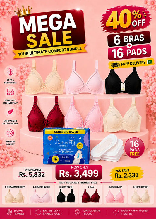 Mega Value Pack 6 Premium Bras + 16 Free Butterfly Long+ XXL Pads | 40% Off