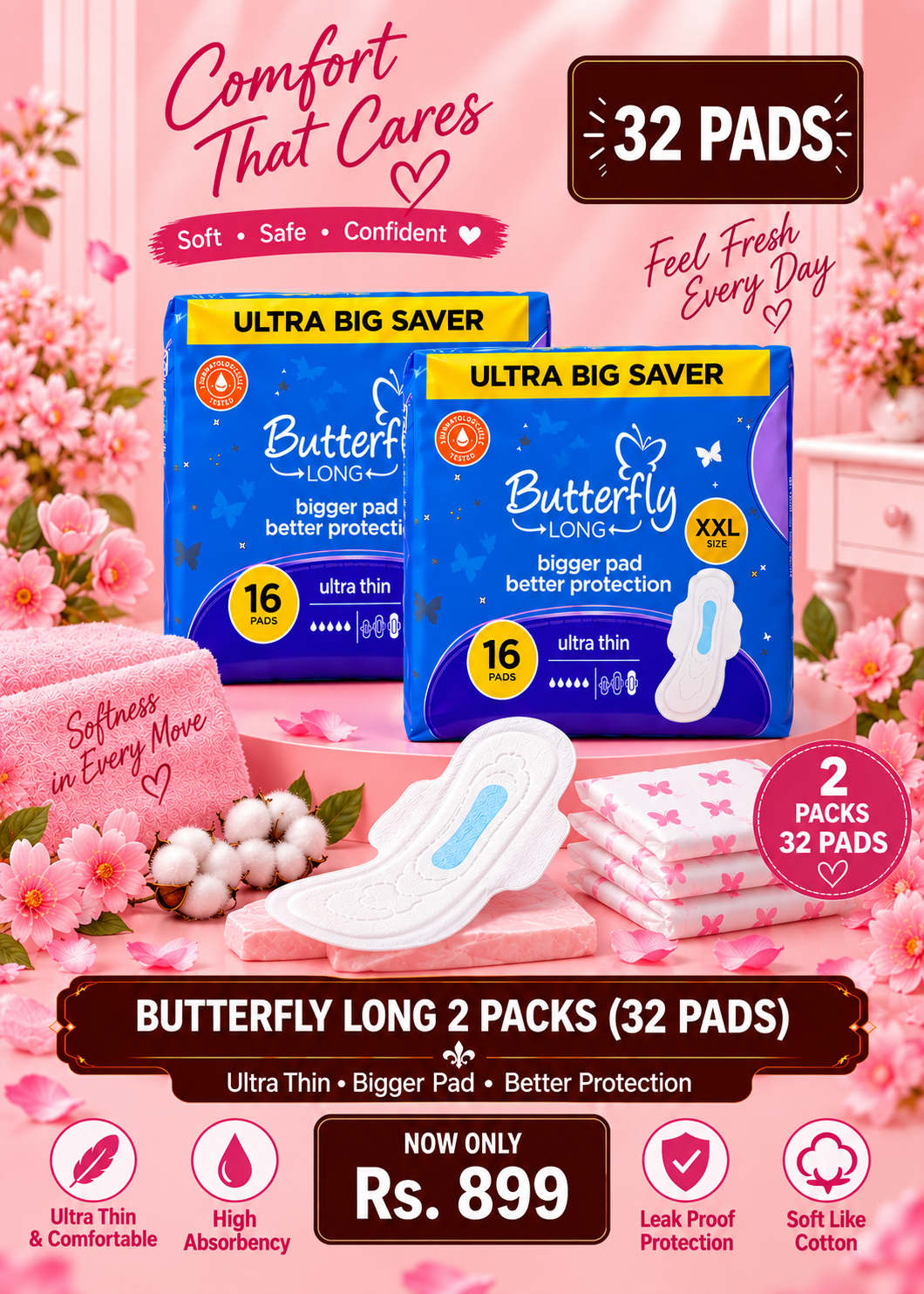 Butterfly Long XXL Sanitary Pads – 2 Packs | 32 Pads | Ultra Thin & High Absorbency