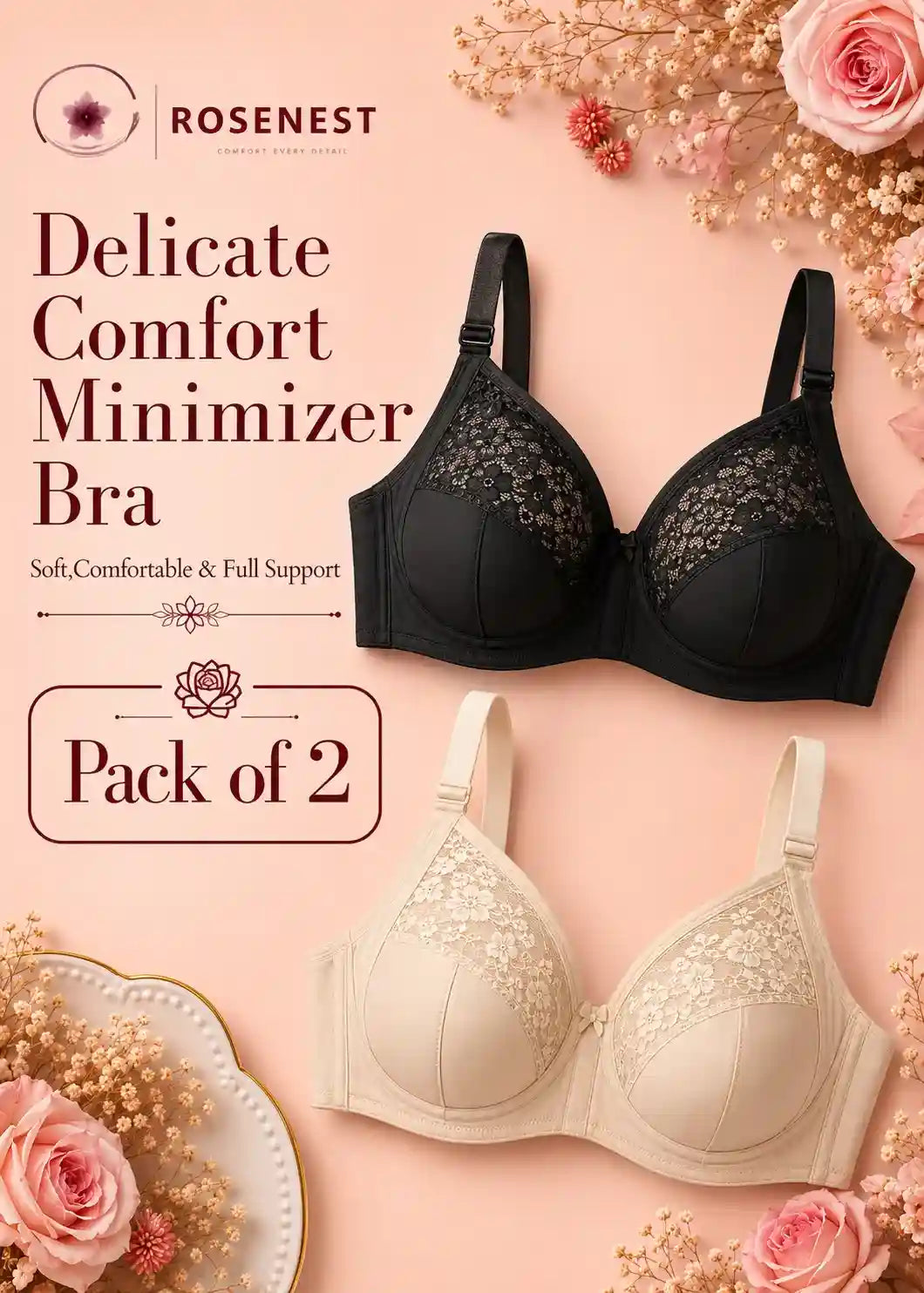 Delicate Comfort Minimizer Bra Pack of 2 Black and Skin