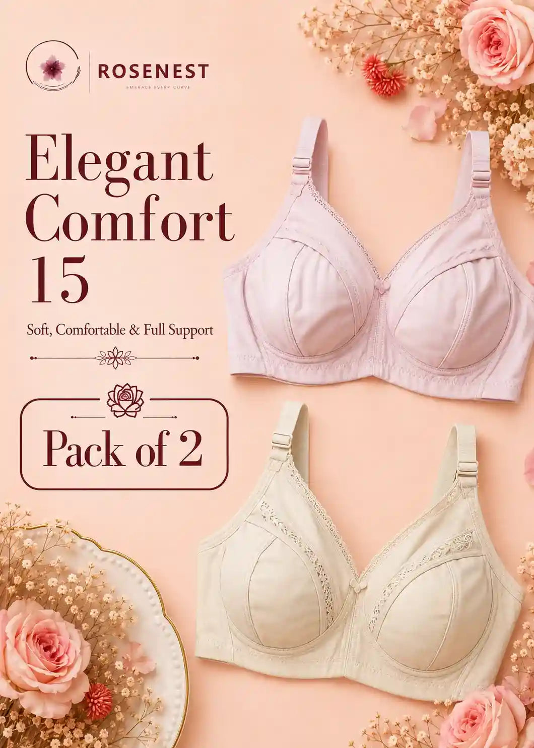 ELEGANT Comfort 15 Bra Pack of 2 | Dark Salmon and Pink