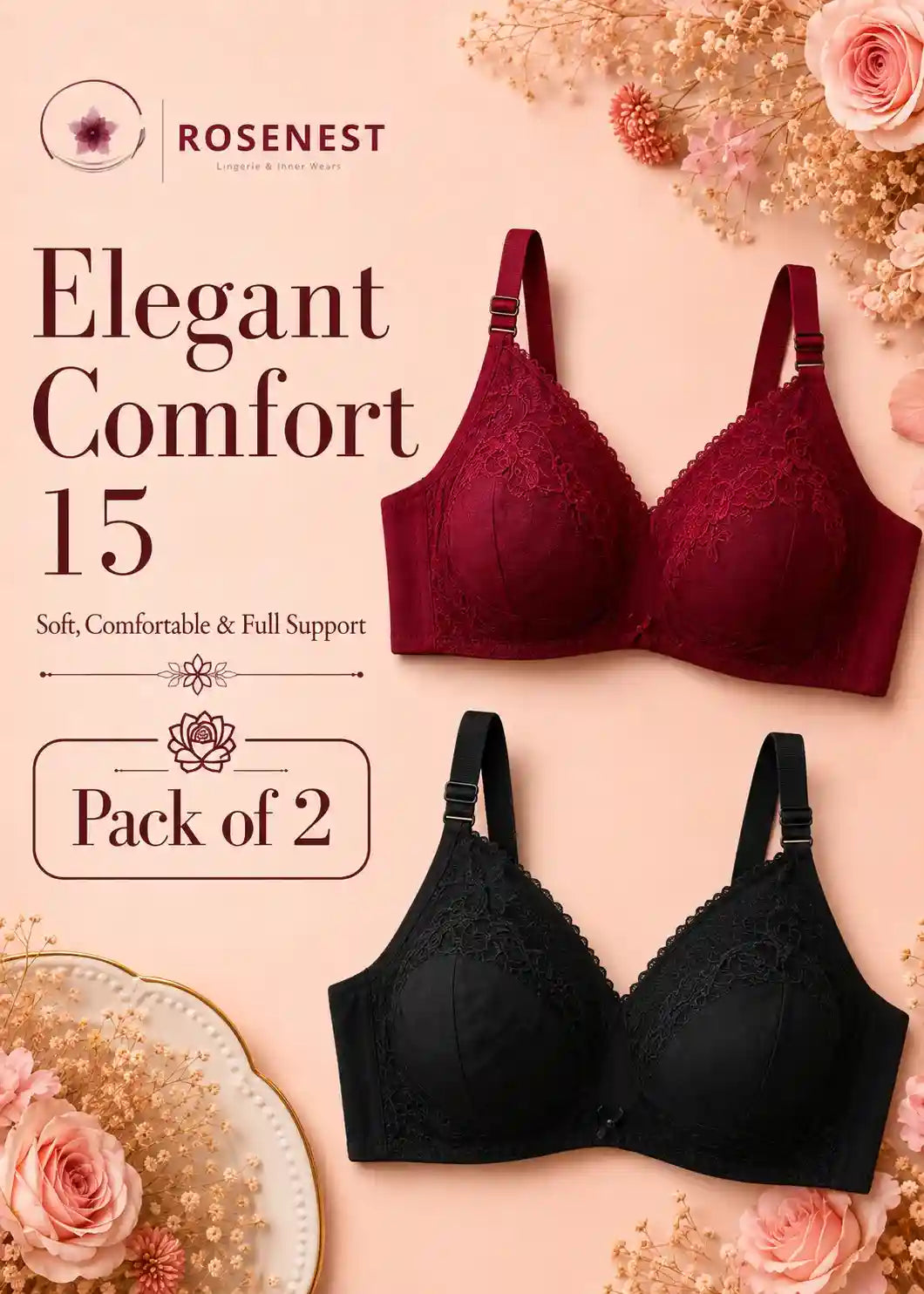 ELEGANT Comfort 15 Bra Pack of 2 Black and Maroon