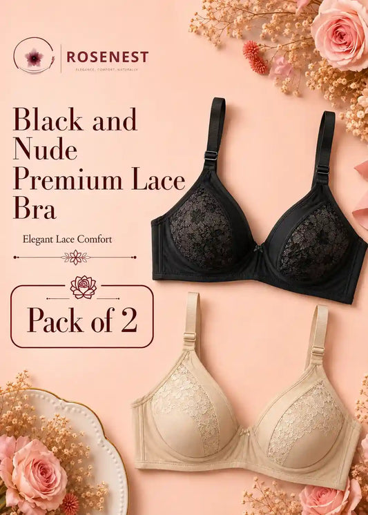 Black and Nude Premium Lace Bra Pack of 2