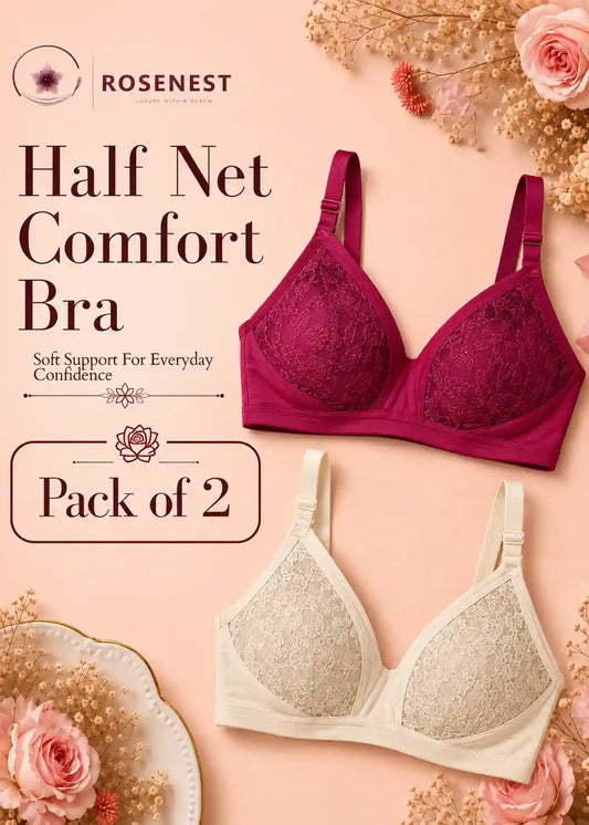 Half Net Comfort Bra Pack of 2 Maroon & Skin