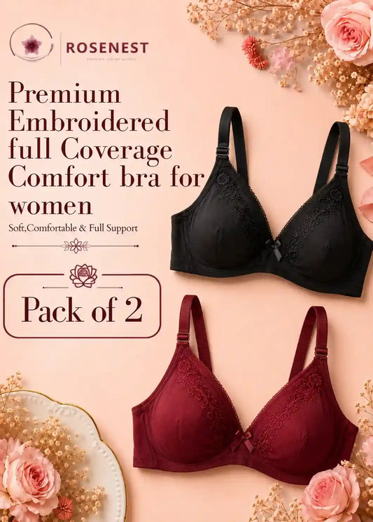 Premium Embroidered Full Coverage Bra Pack of 2 Black and Maroon