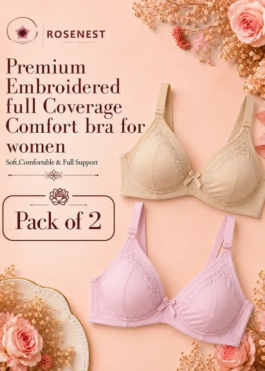 Premium Embroidered Full Coverage Bra Pack of 2 Skin and Pink