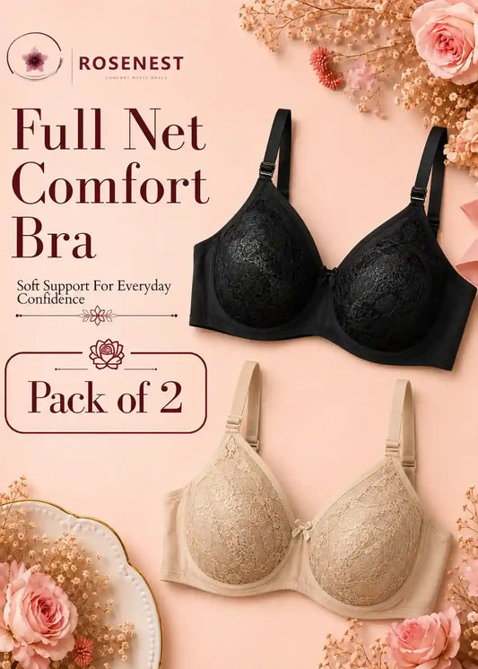 Full Net Comfort Bra Pack of 2 | Black & Skin