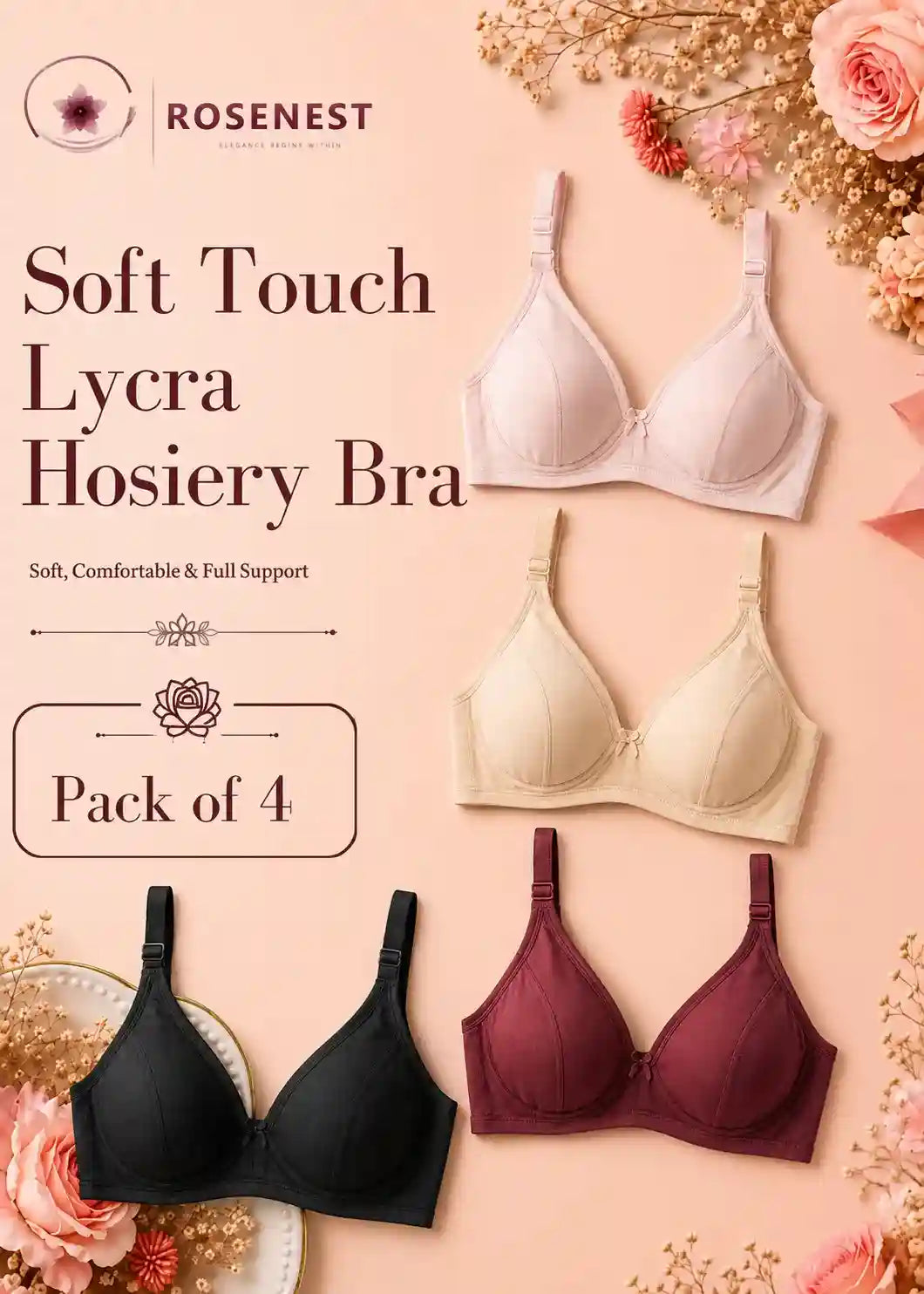 Soft Touch Lycra Hosiery Bra Pack of 4