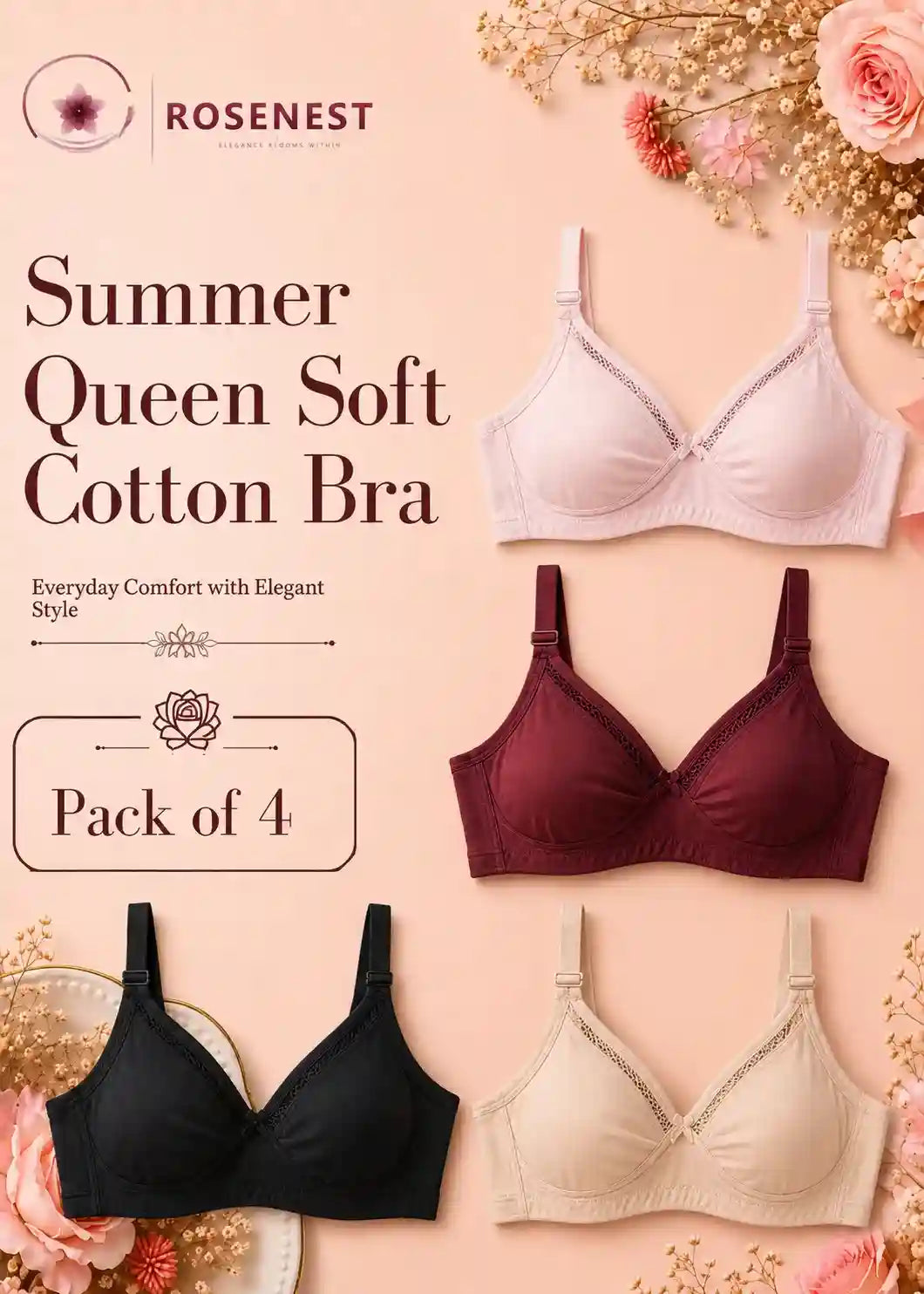 Summer Queen Soft Cotton Bra Pack of 4