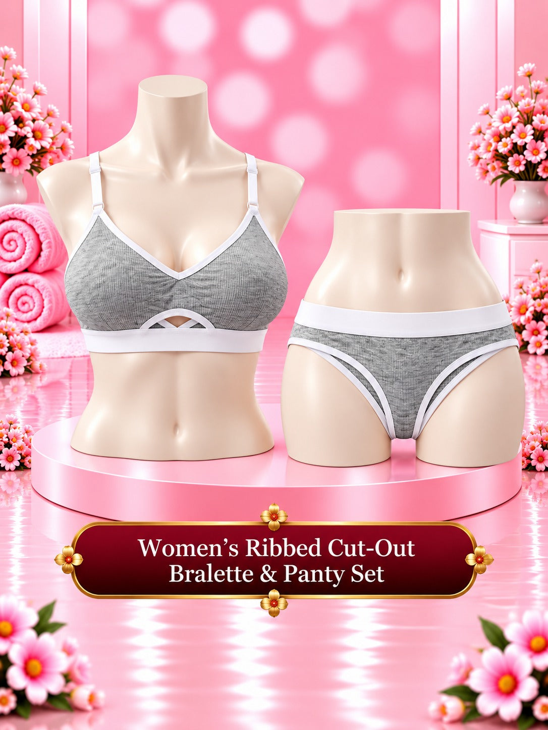 Women's Ribbed Cut-Out Bralette & Panty Set – Matching Two-Piece Lingerie Set