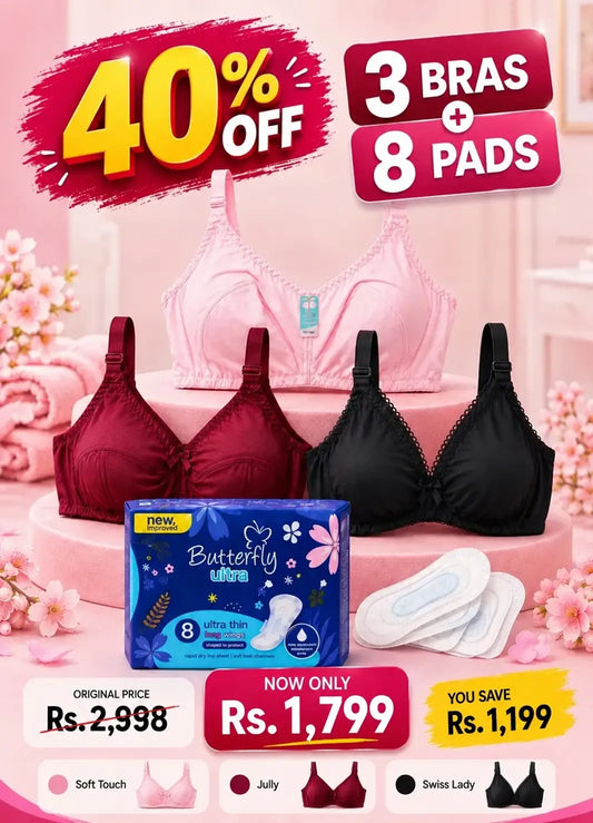 Comfort & Care | Best Seller Bundle Soft Touch Lycra Bra, Jully Bra, Swiss Lady Bra & Butterfly Pads