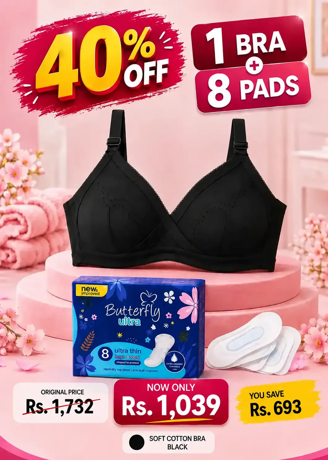 Comfort & Care Bundle Soft Cotton Bra with Full Coverage Support (Black) + Butterfly Ultra 8 Pads