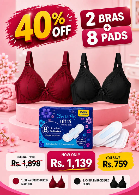 2 Bras + 8 Pads Bundle China Embroidered (Maroon & Black)