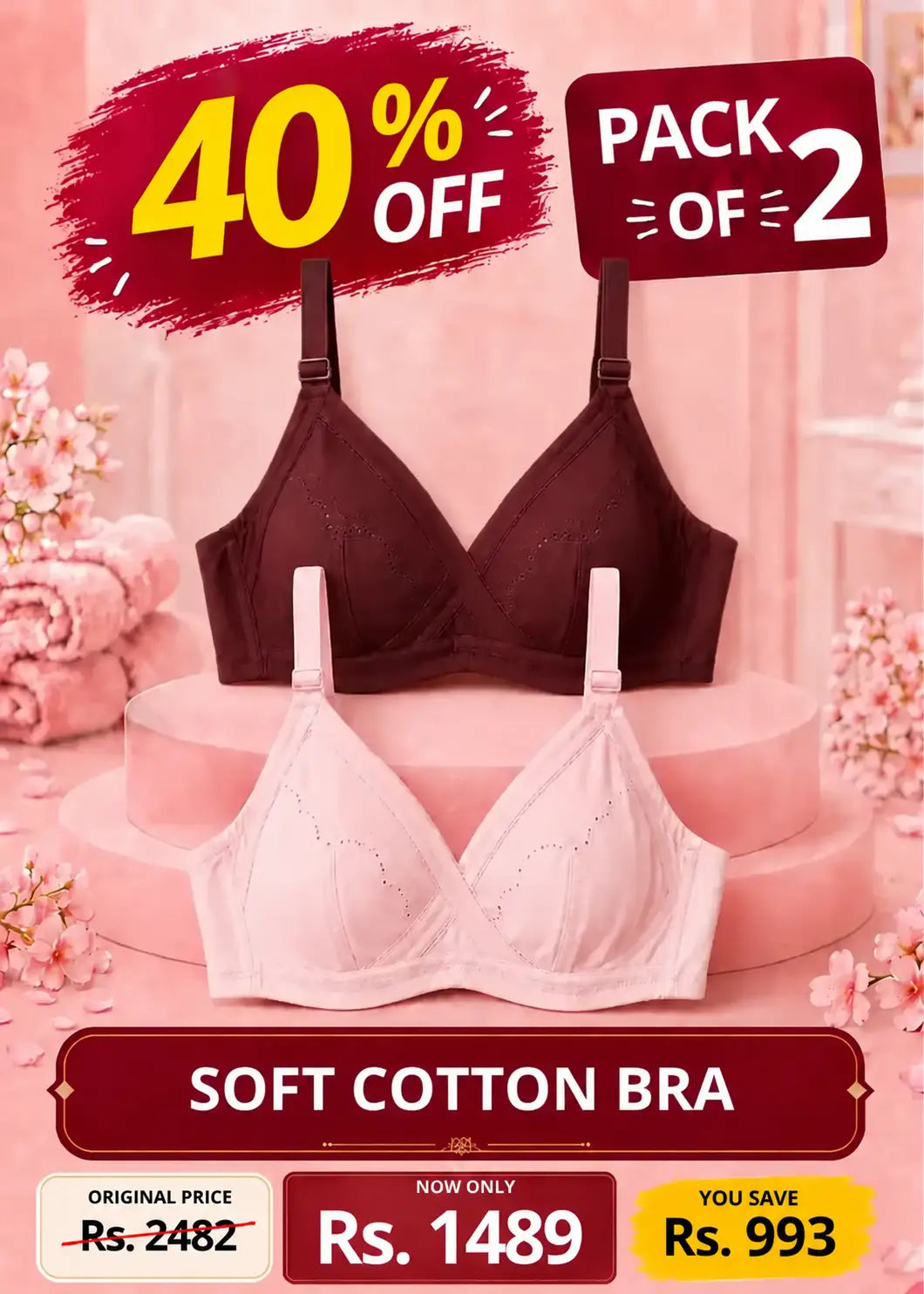 Soft Cotton Bra Pack of 2 Maroon and Pink