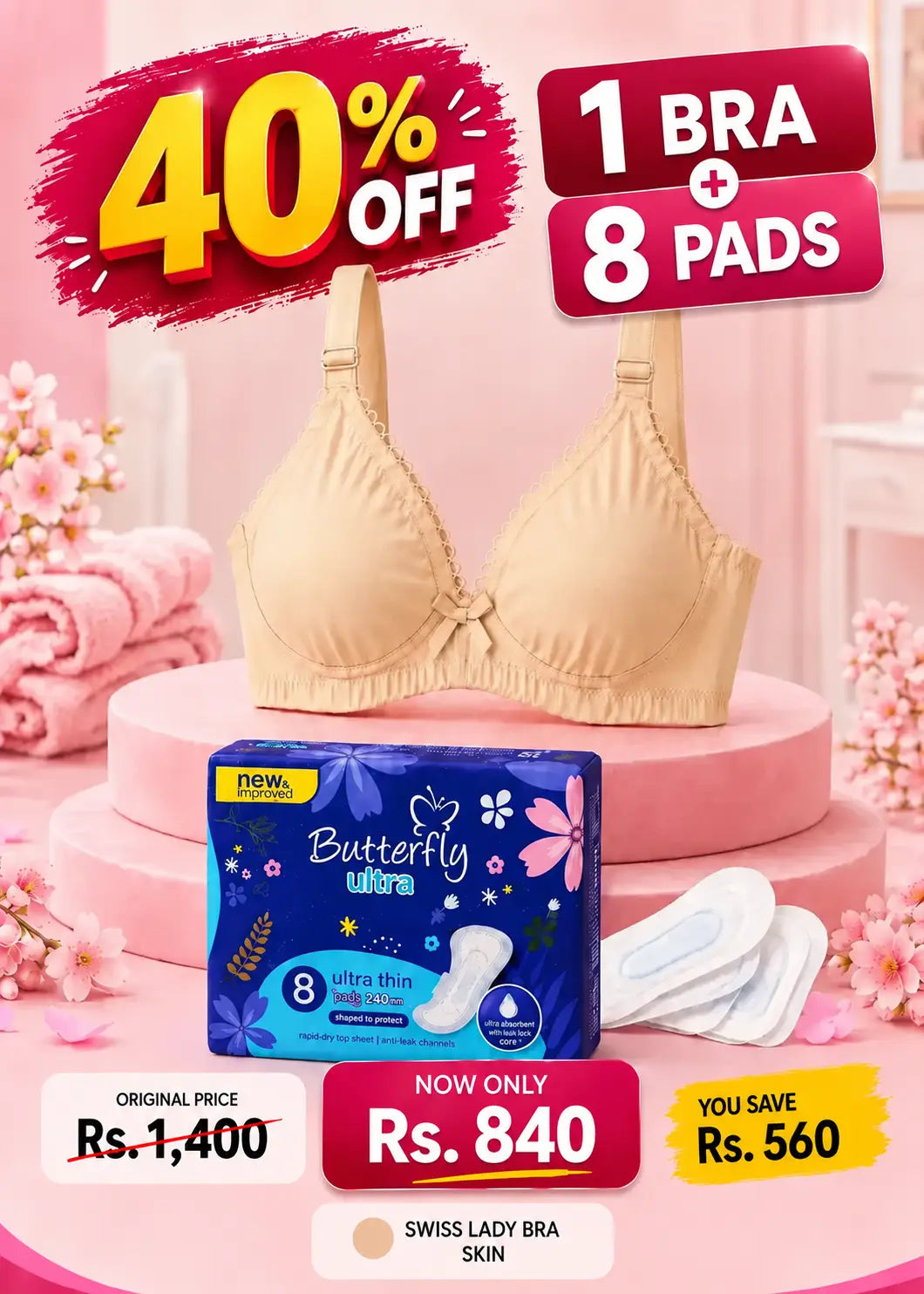 Comfort & Care Bundle Swiss Lady Full Coverage Cotton Comfort Bra in Skin + Butterfly 8 Pads