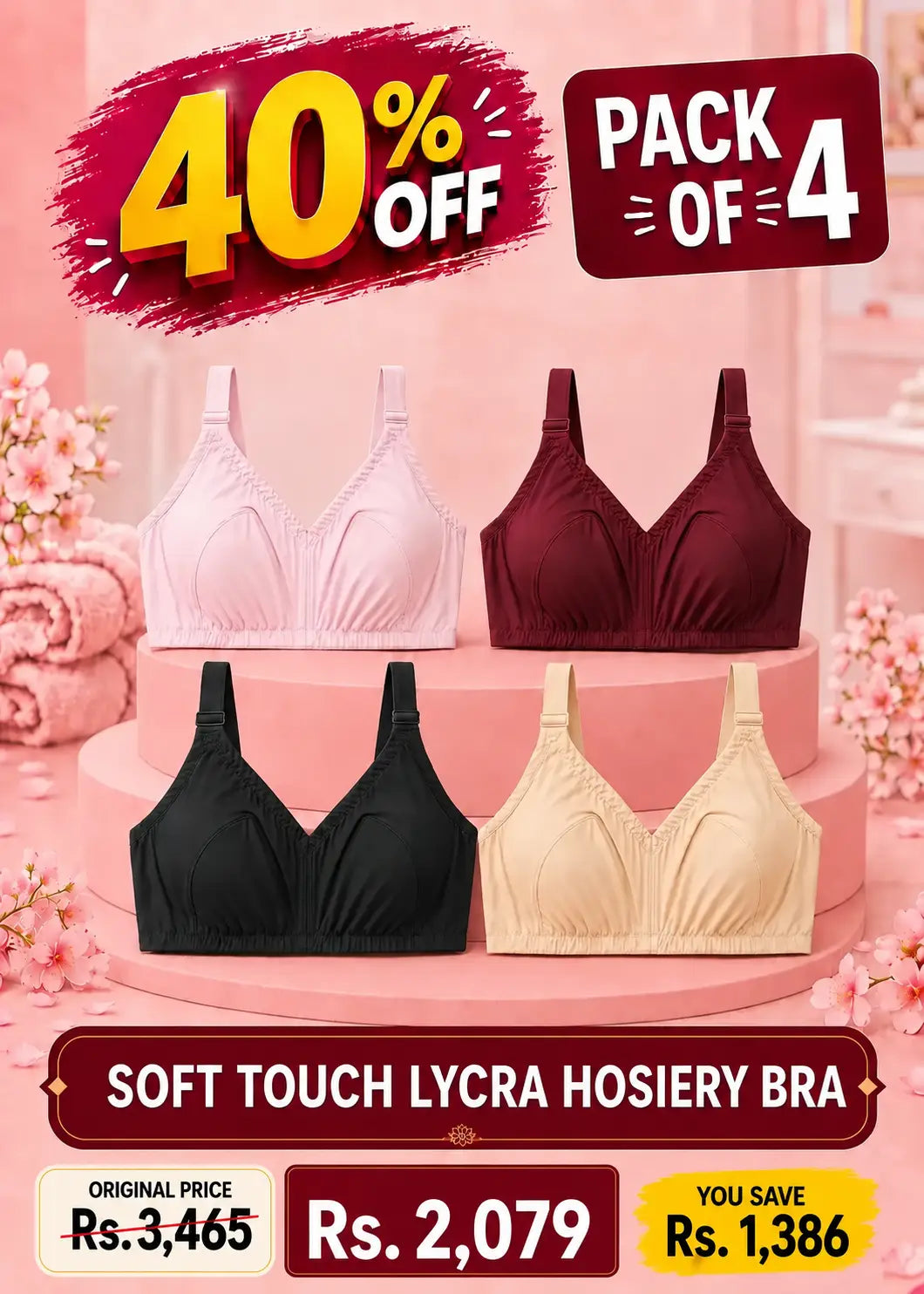 Soft Touch Lycra Hosiery Bra Pack of 4