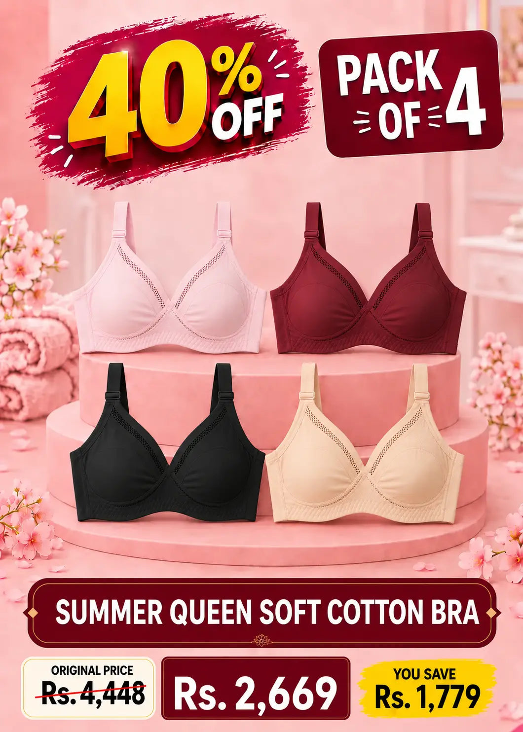Summer Queen Soft Cotton Bra Pack of 4