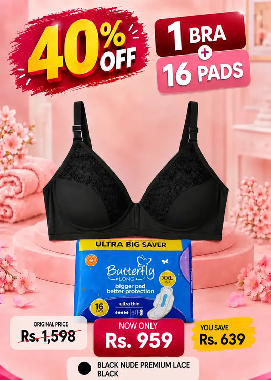 Black Nude Premium Lace Bra in Black + 16 Butterfly Long XXL Pads