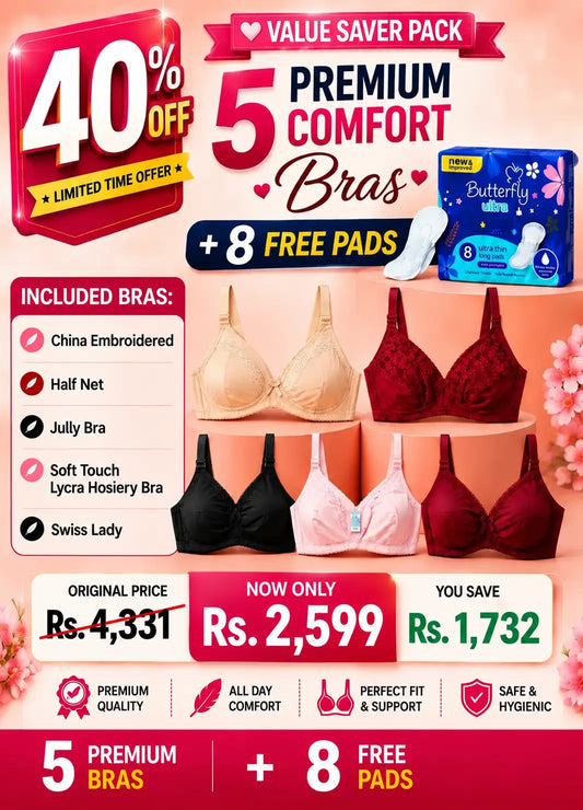 Value Saver Pack 5 Premium Comfort Bras + 8 Free Butterfly Pads