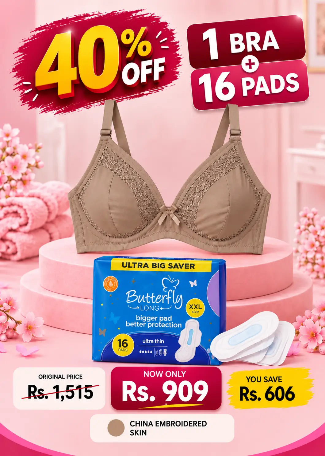 Comfort & Care Bundle Premium Embroidered Bra + Butterfly 16 Pads