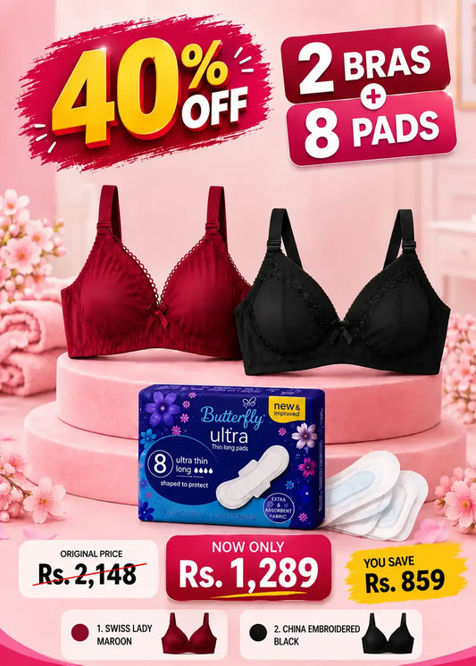 Complete Comfort Combo Swiss Lady Full Coverage Cotton Bra + China Embroidered Bra + Butterfly 8 Pads