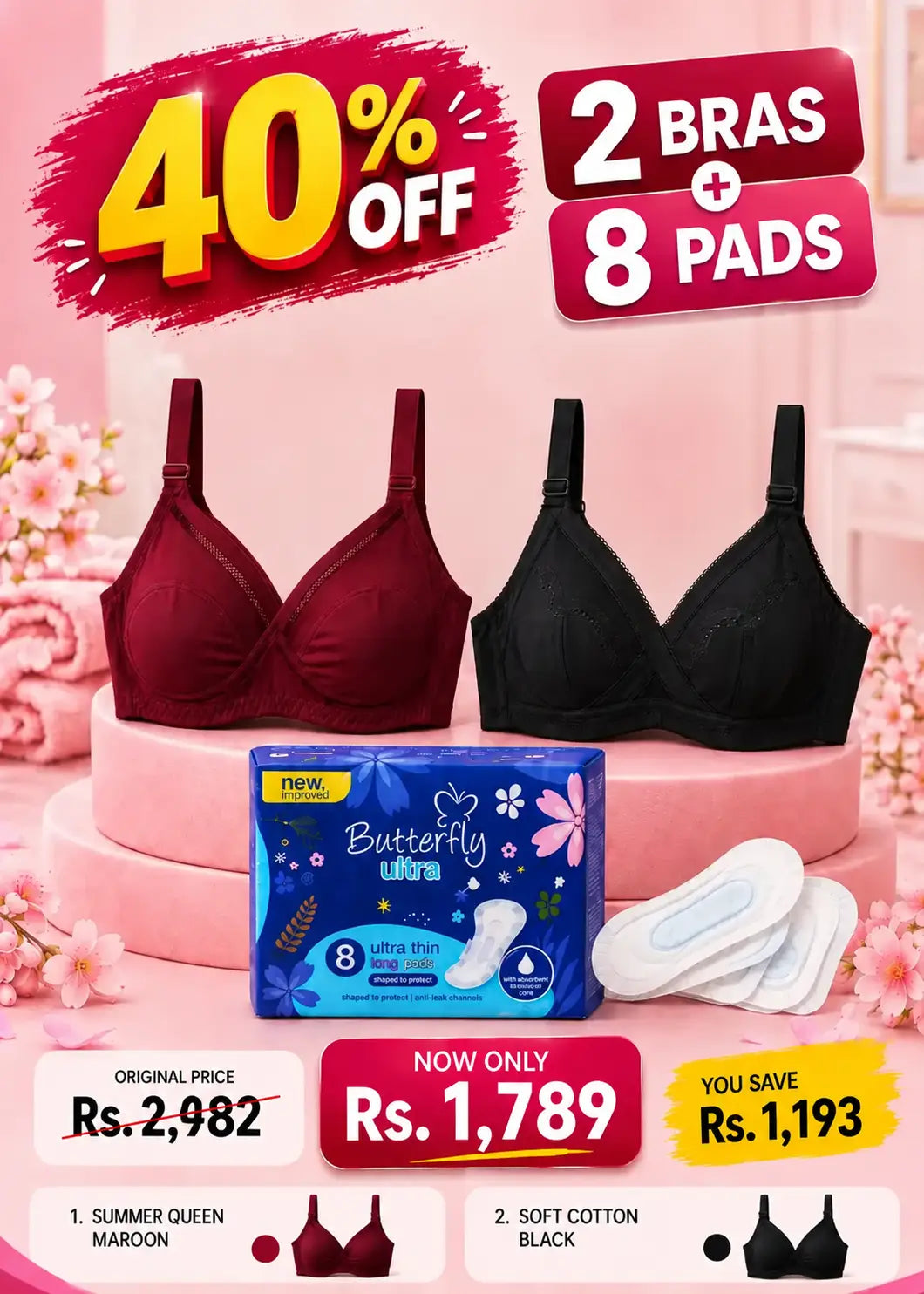Comfort & Care Bundle Offer Soft Cotton Bras +  Summer Queen Butterfly Ultra Pads