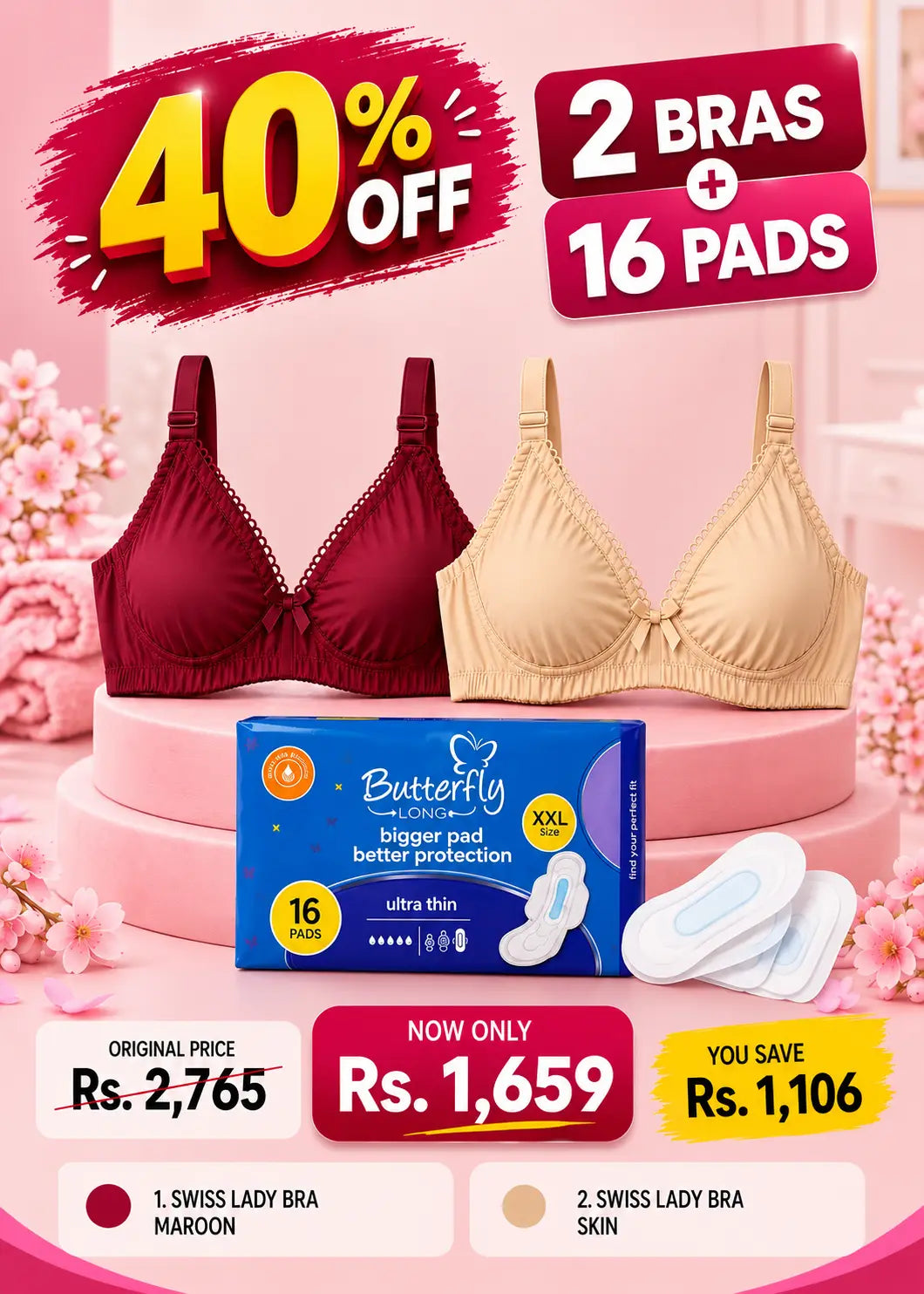 Comfort & Care Bundle Swiss Lady Bra Pack of 2 + Butterfly Ultra Thin Long Pads