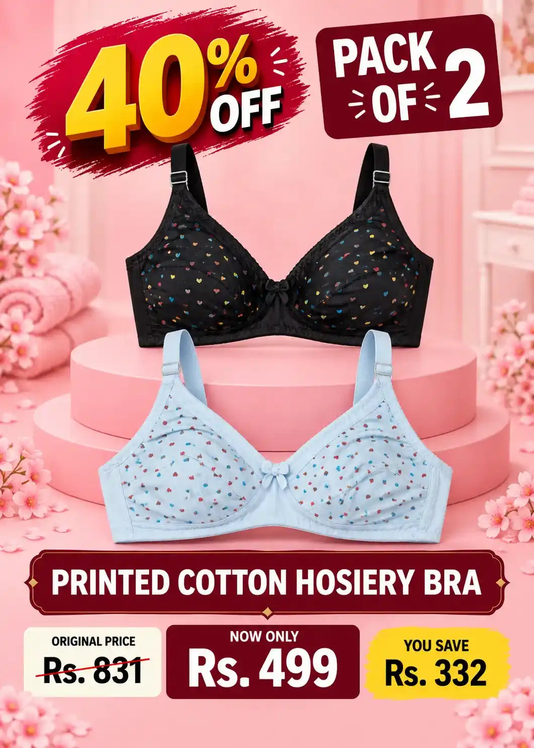 Printed Cotton Hosiery Bra Pack of 2 Black and Sky blue