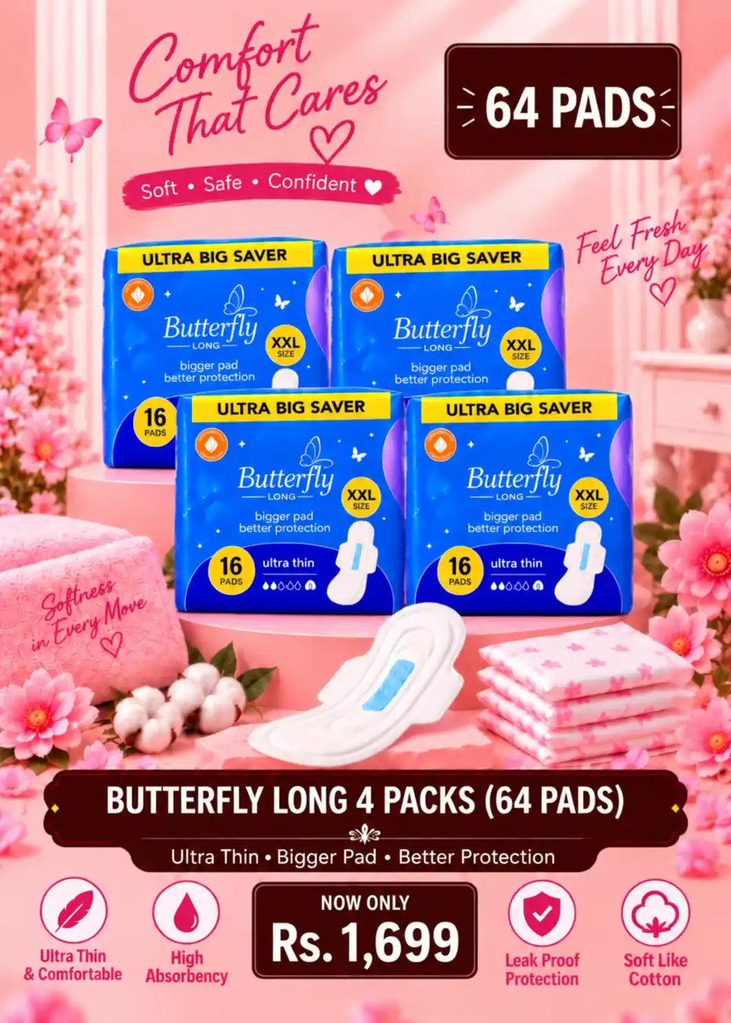 Butterfly Long XXL Sanitary Pads 4 Packs (64 Pads)