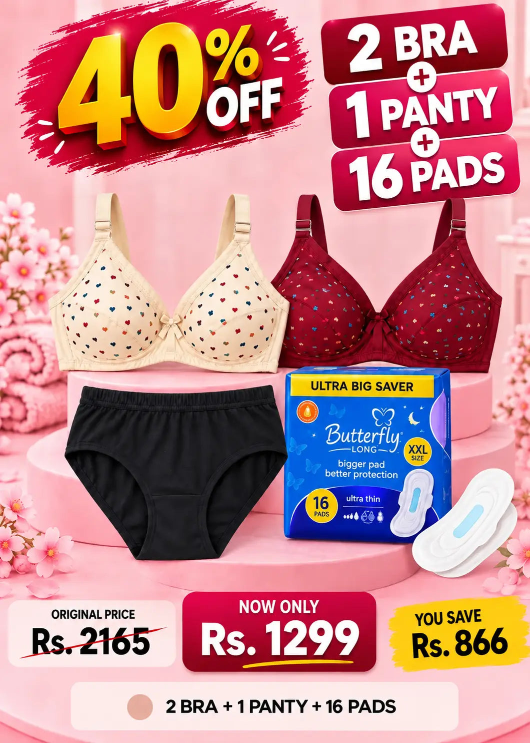 Comfort and Care 2 Bra + 1 Panty + 16 Pads Bundle