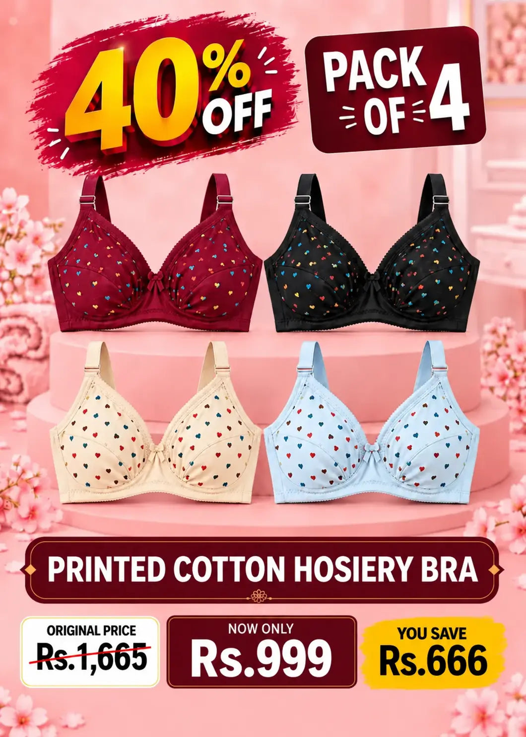 Printed Cotton Hosiery Bra Pack of 4  Maroon, Black, Yellow, and Sky blue